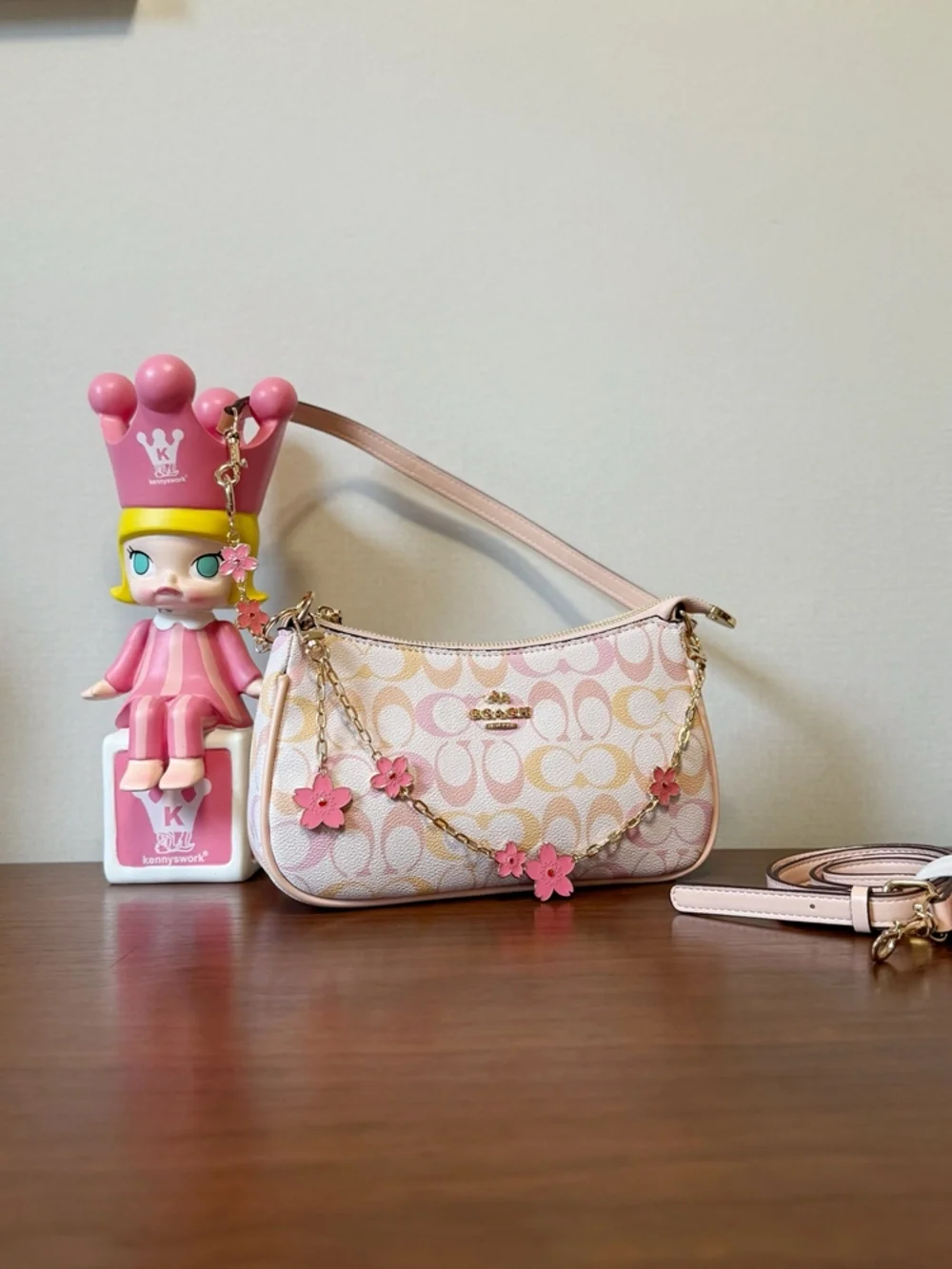 Coach Pink Pastel Signature Shoulder Bag with Cherry Blossom Chain